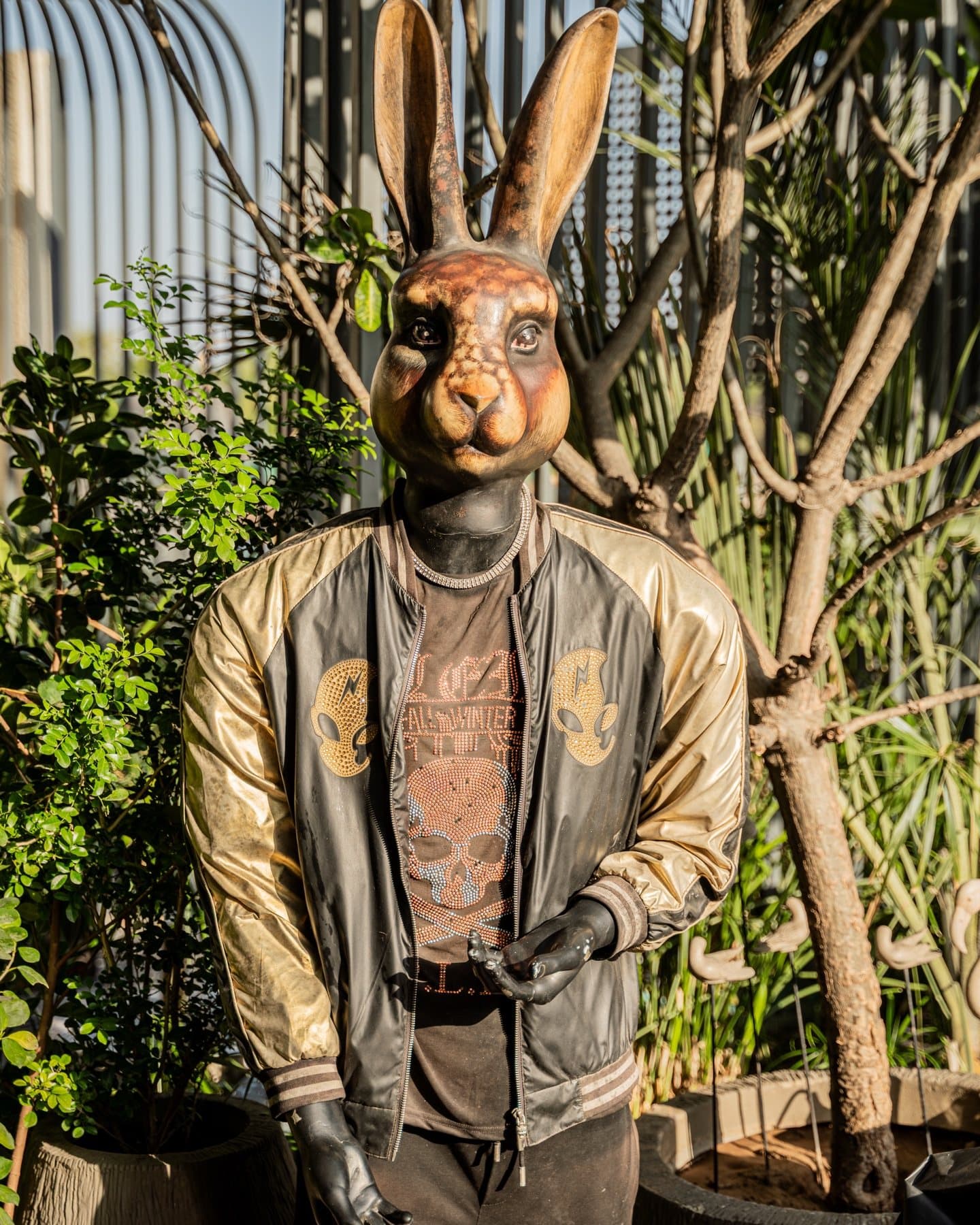 The MEZO hare — a rabbit sculpture dressed in a bomber jacket